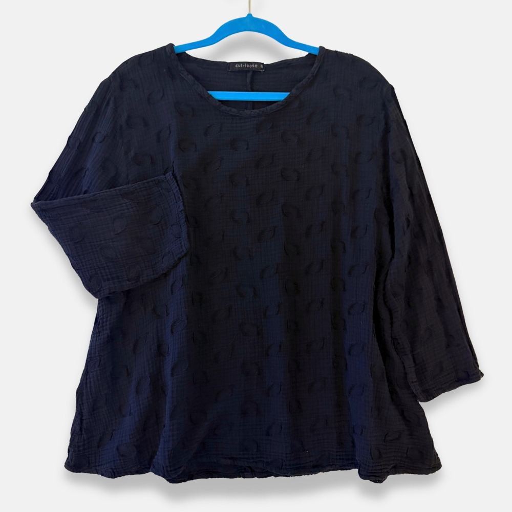 Cut Loose Black Cotton Gauze Textured Leaf Jacquard Top Medium Lagenlook USA